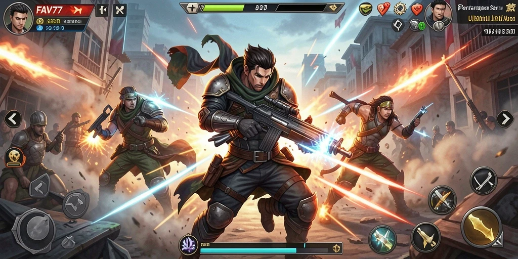 Screenshot gameplay FAV77 dengan pertarungan seru dan karakter menonjol.