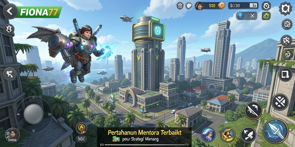 Tampilan gameplay FIONA77 yang menampilkan pertahanan menara yang strategis.