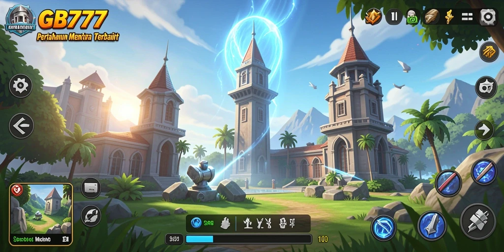 Screenshot gameplay GB777 menunjukkan menara dan musuh dalam pertempuran.