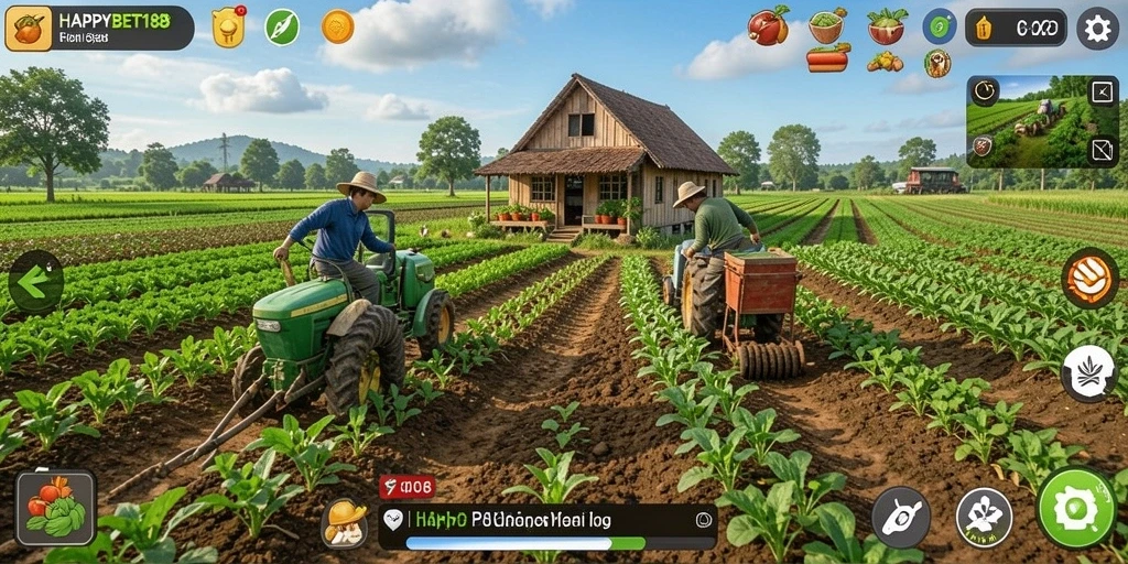 Screenshot gameplay HAPPYBET188 menampilkan suasana pertanian yang indah dan aktivitas berkebun.