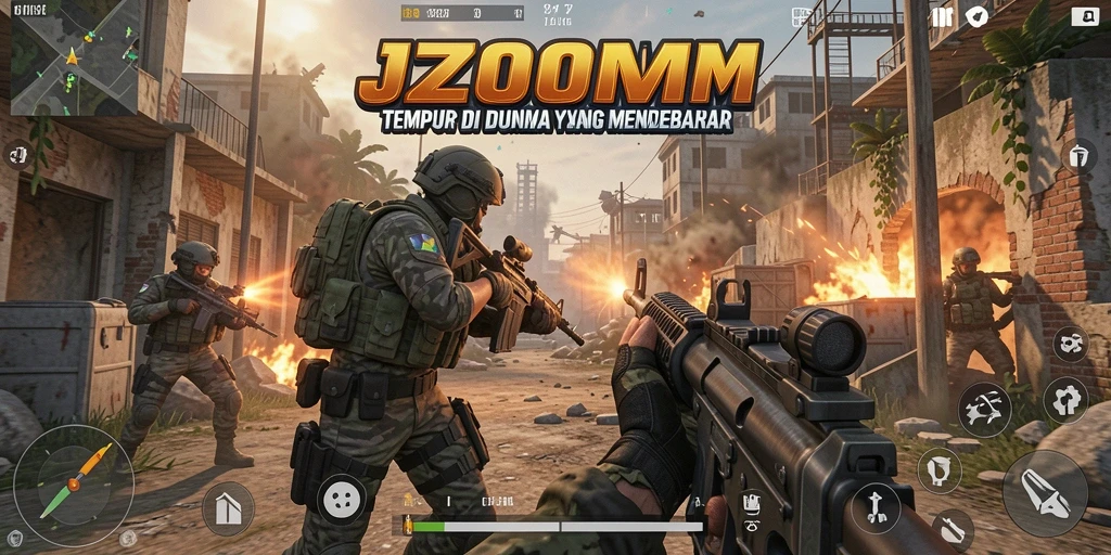 Tampilan gameplay menegangkan dari J200M di medan perang FPS.