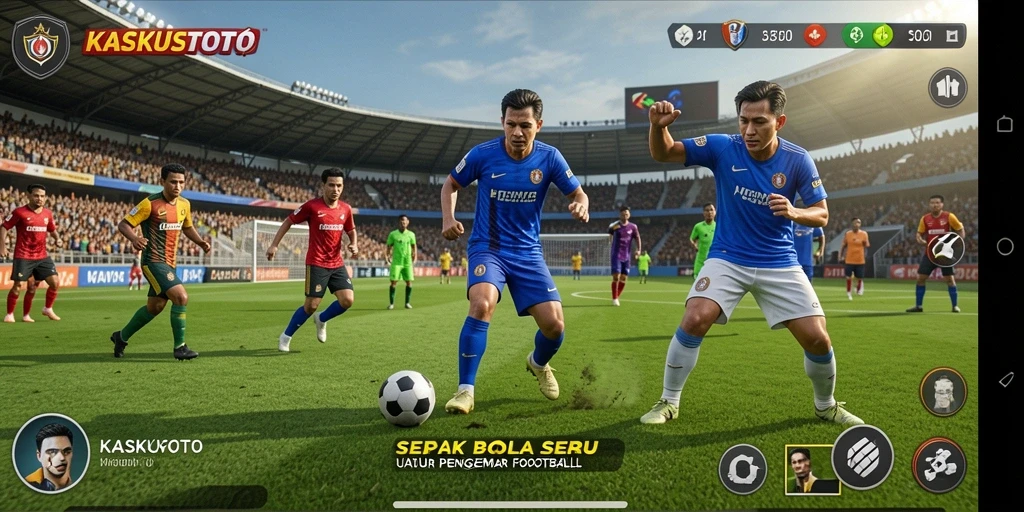 Tangkapan layar gameplay KASKUSTOTO menampilkan aksi seru di lapangan sepak bola.