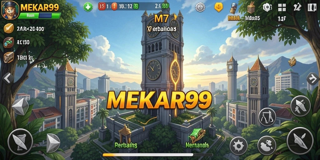 Tampilan layar gameplay menarik dari MEKAR99 yang penuh aksi Tower Defense.