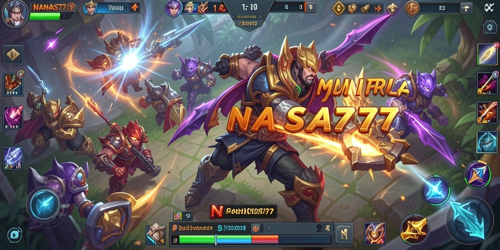Tampilan dinamis gameplay MOBA NANAS777 dengan karakter heroik.