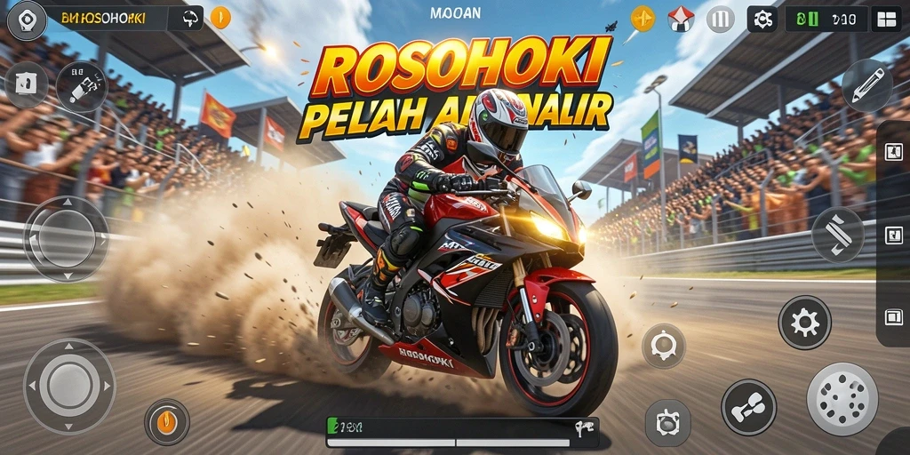 Screenshot gameplay ROSOHOKI menampilkan aksi balapan motor yang mendebarkan.